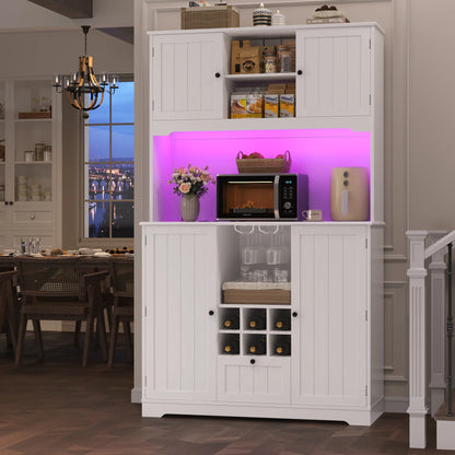 Homfa 71.3'' Kitchen Pantry Storage Cabinet with Charging Station, LED Light Kitchen Hutch Cabinet with Doors and Shelves and Wine Holder, White