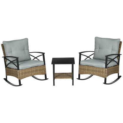 Outsunny 3pc Rocking Chair Set w/ Cushions, Wicker Bistro Set, Blue