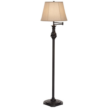 Regency Hill Traditional Swing Arm Floor Lamp 58" Tall Painted Black Bronze Swirl Font Faux Silk Beige Shade for Living Room Reading Office
