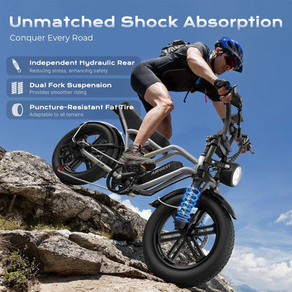 AIRWEST Peak 1000W Electric Bike for Adults - Reaches 25MPH, 65 Miles Long Range, 48V 13Ah Battery, Full Suspension, 7-Speed, 20" Fat Tire Electric Motorcycle Dirt Bike, UL2849