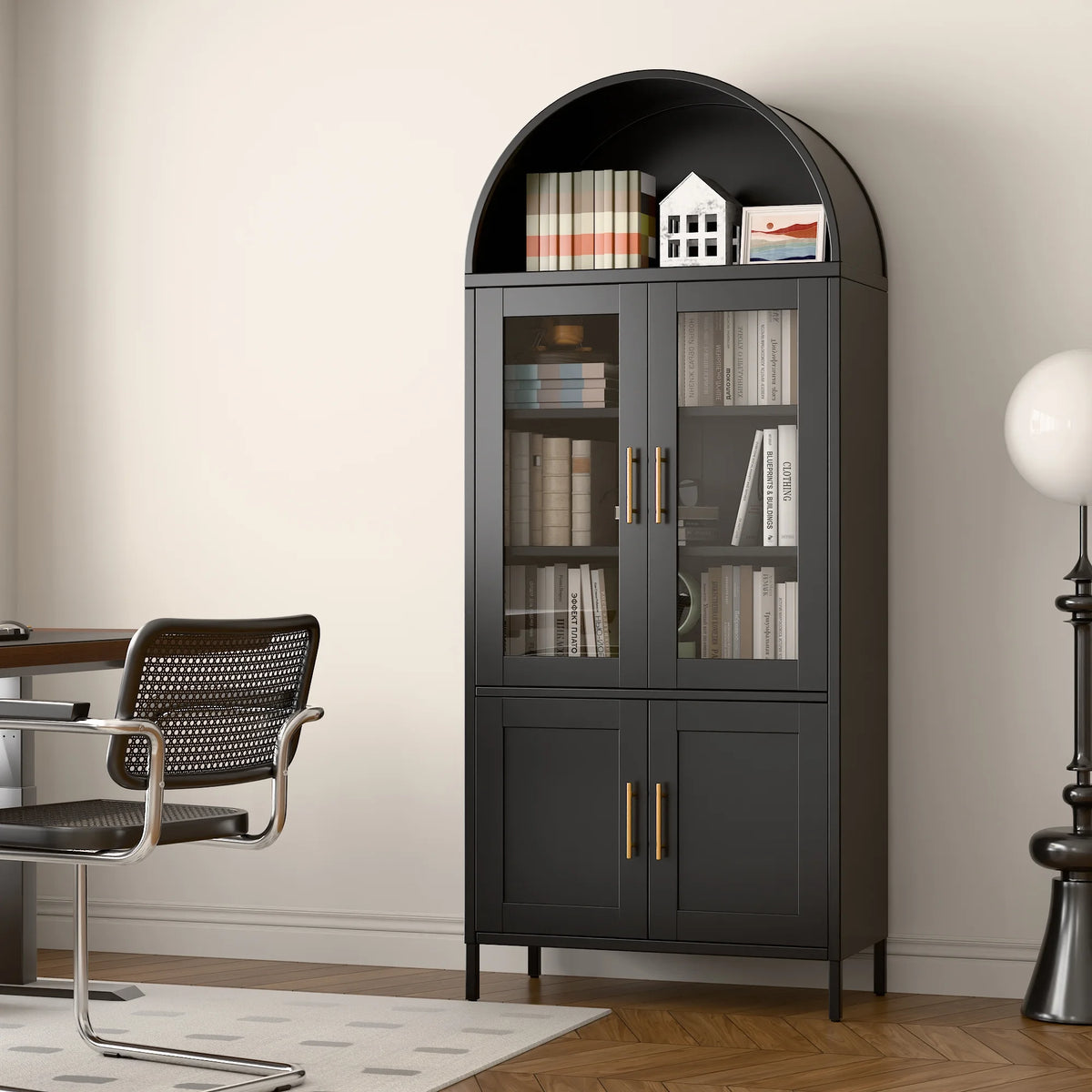 SUPEER Metal Arched Storage Display Cabinet with Glass Doors and Adjustable Shelves, Lockable Cabinet, Assembly Required, Black