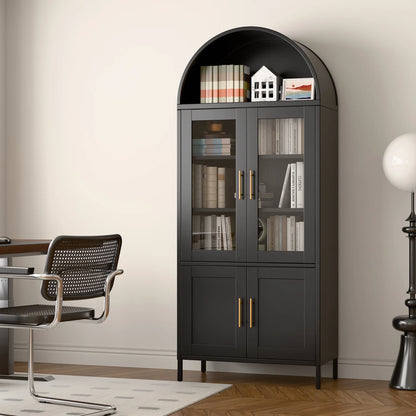 SUPEER Metal Arched Storage Display Cabinet with Glass Doors and Adjustable Shelves, Lockable Cabinet, Assembly Required, Black