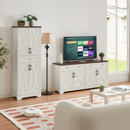 TrumanPick 61"H Large Buffet Sideboard Cabinet, TV Cabinet, Kitchen Pantry for Dining Room, Living Room, 61.3''L x 15''W x 29.8''H, White/Walnut