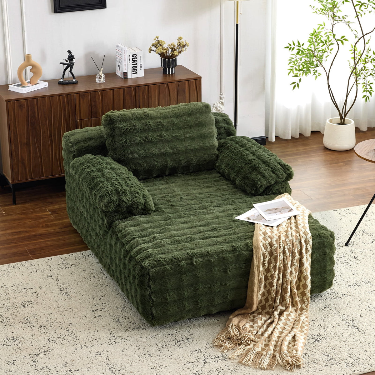 Ktaxon 68" Lounge Chair, Bubble Fleece Fabric Sofa Bed, Boneless Sleeper Chaise with Removable Backrest & Pillow-Top Armrests for Living Room White
