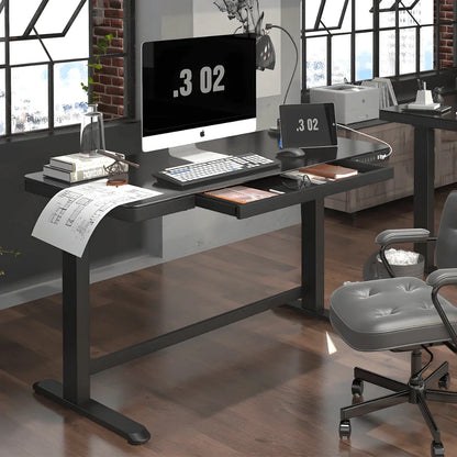 FLEXISPOT 48" W Home Office Height Adjustable Standing Desk White and Maple with USB Charge Ports and Embedded Drawer