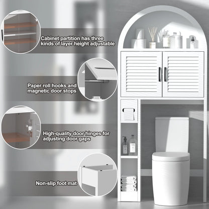 HARIPUL Over The Toilet Storage Cabinet w/ Unique Wood Grain & Arc Design, Freestanding Bathroom Shelf Organizer Space Saver w/ Doors & Anti-Tip Device, Wood Color
