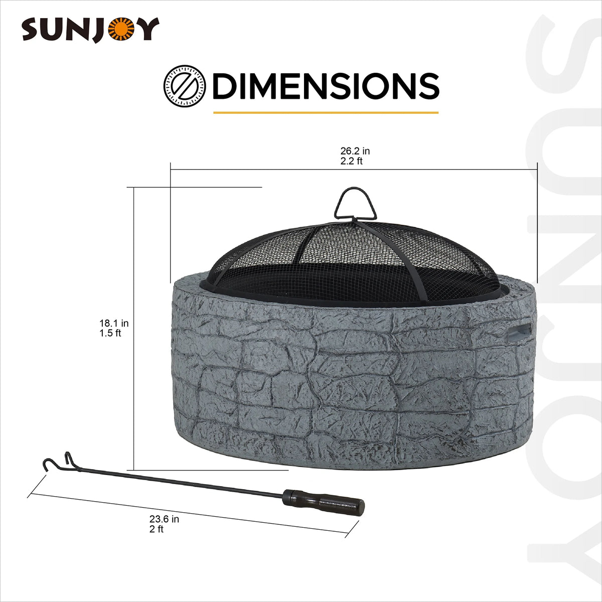 Sunjoy Stone Fire Pit 26 Inch, Outdoor Round Wood Burning Fire Pits with Spark Screen and Poker  Grey
