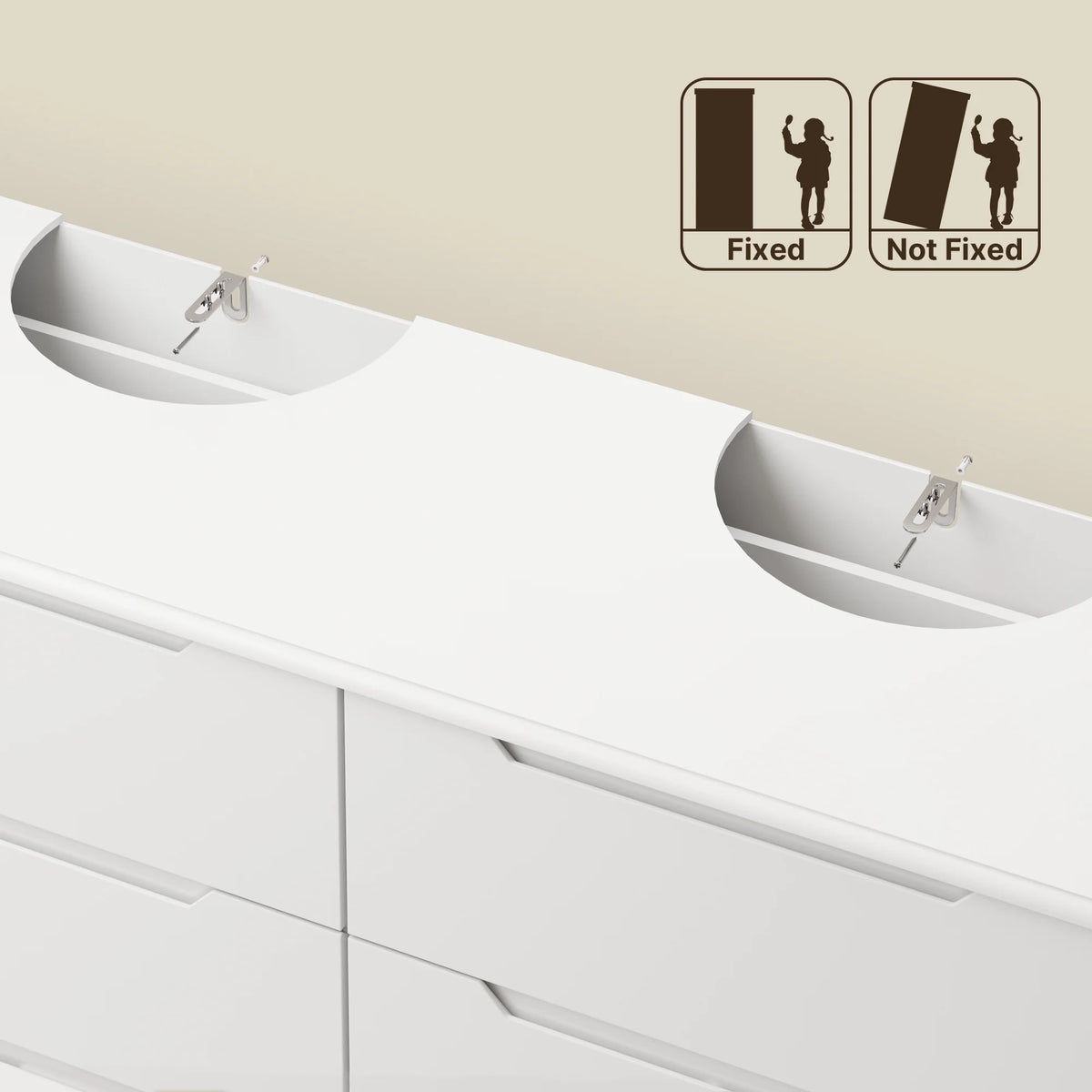 Dresser for Bedroom, Lofka 6 Drawer Double Dresser with Cutout Handles, Large Storage Capacity, Anti-Tip Safety, Modern Wood Chest of Drawers, Smooth Metal Rail, White