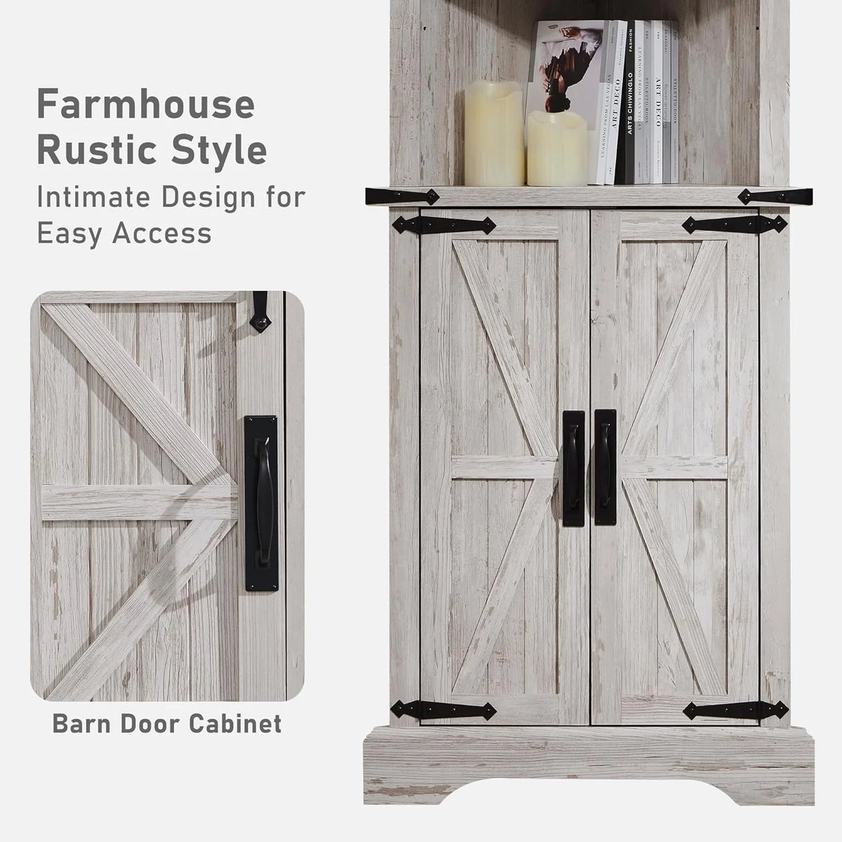 OKD Farmhouse Tall Corner Cabinet with Barn Door & Adjustable Shelves, 68" Rustic Wood Corner Cabinet with Storage Cabinet for Bathroom, Kitchen, Antique White