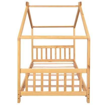 Euroco Wood House-Shaped Twin Platform Bed for Kids, Low Profile House Bed, No Box Spring Needed, Wood Color