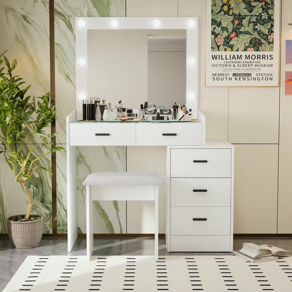 Kadyn Vanity Desk with Lighted Mirror, Vanity Table and Chair Set with 2 Drawers, Dressing Table Makeup Desk with 1 Door, Retro Gray