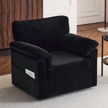 FFH 33" Oversized Swivel Accent Chair,Armchair with Side Pocket,Upholstered Corduroy Lounge Chaise Chair,Barrel Chairs,Comfy Single Sofa Chair for Living Room Reading Bedroom Office,Black