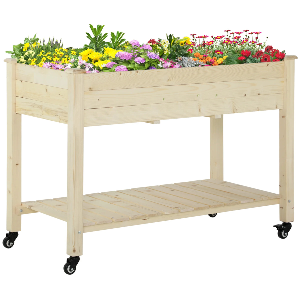 Outsunny 47" x 21" Raised Garden Bed Elevated Wooden Planter Box w/ Lockable Wheels, Storage Shelf and Bed Liner for Backyard, Patio, Dark Gray