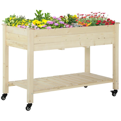 Outsunny 47" x 21" Raised Garden Bed Elevated Wooden Planter Box w/ Lockable Wheels, Storage Shelf and Bed Liner for Backyard, Patio, Dark Gray