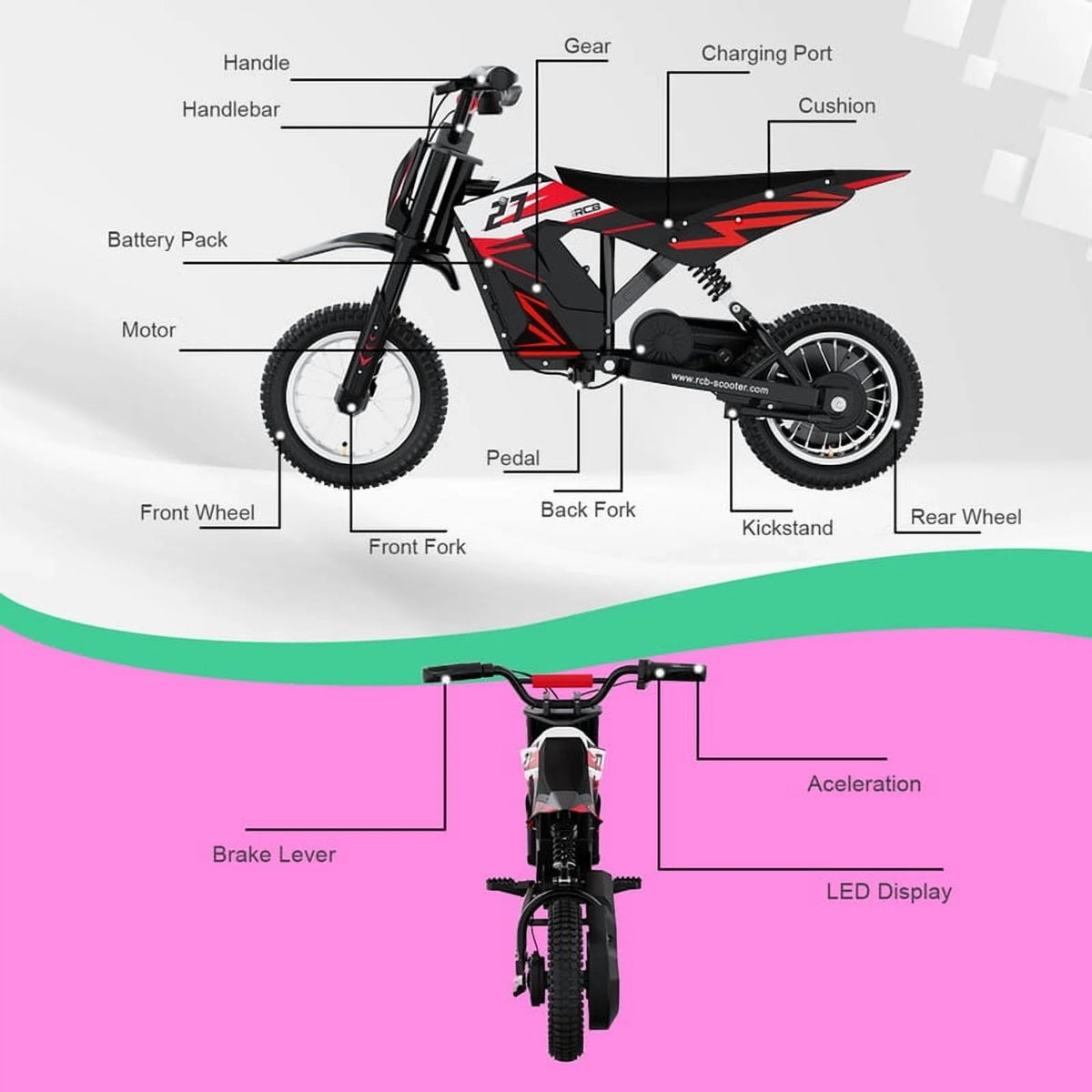 RCB Electric Dirt Bike,36V&300W&10Miles,3 Speed Modes Motocross for Kids Ages 3-12 Red