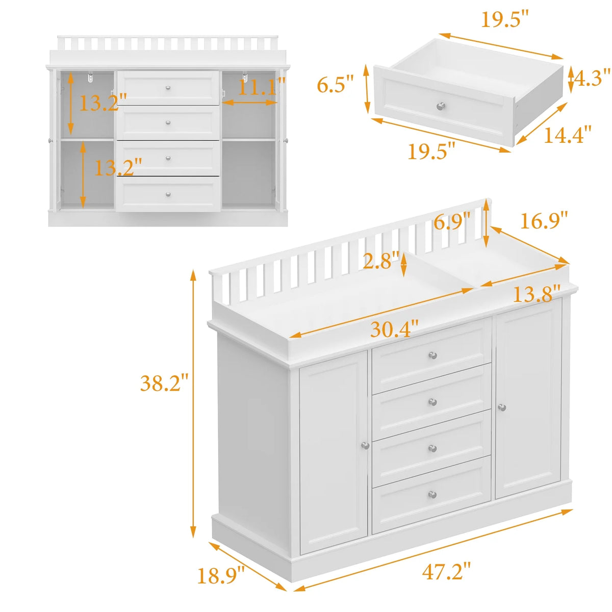 OXYLIFE 45" Baby Nursery Changing Table Dresser with 4 Drawers and Shelf for Nursery Room, White