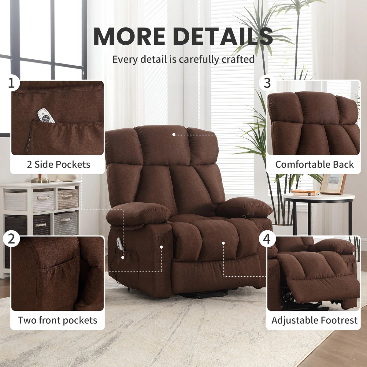 JONPONY Power Lift Recliner Chair Recliners for Elderly with Heat and Massage Recliner Chair for Living Room with Infinite Position and Side Pocket,USB Charge Port,Brown