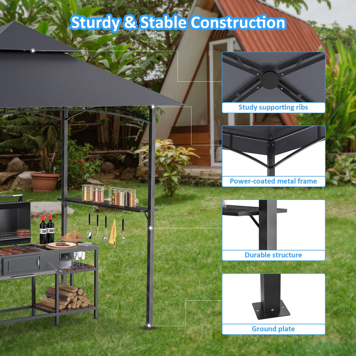 GVDV 8'x 5' Grill Gazebo Canopy, Outdoor BBQ Gazebo Shelter with 2 Side Shelves & Double-Tiered Top