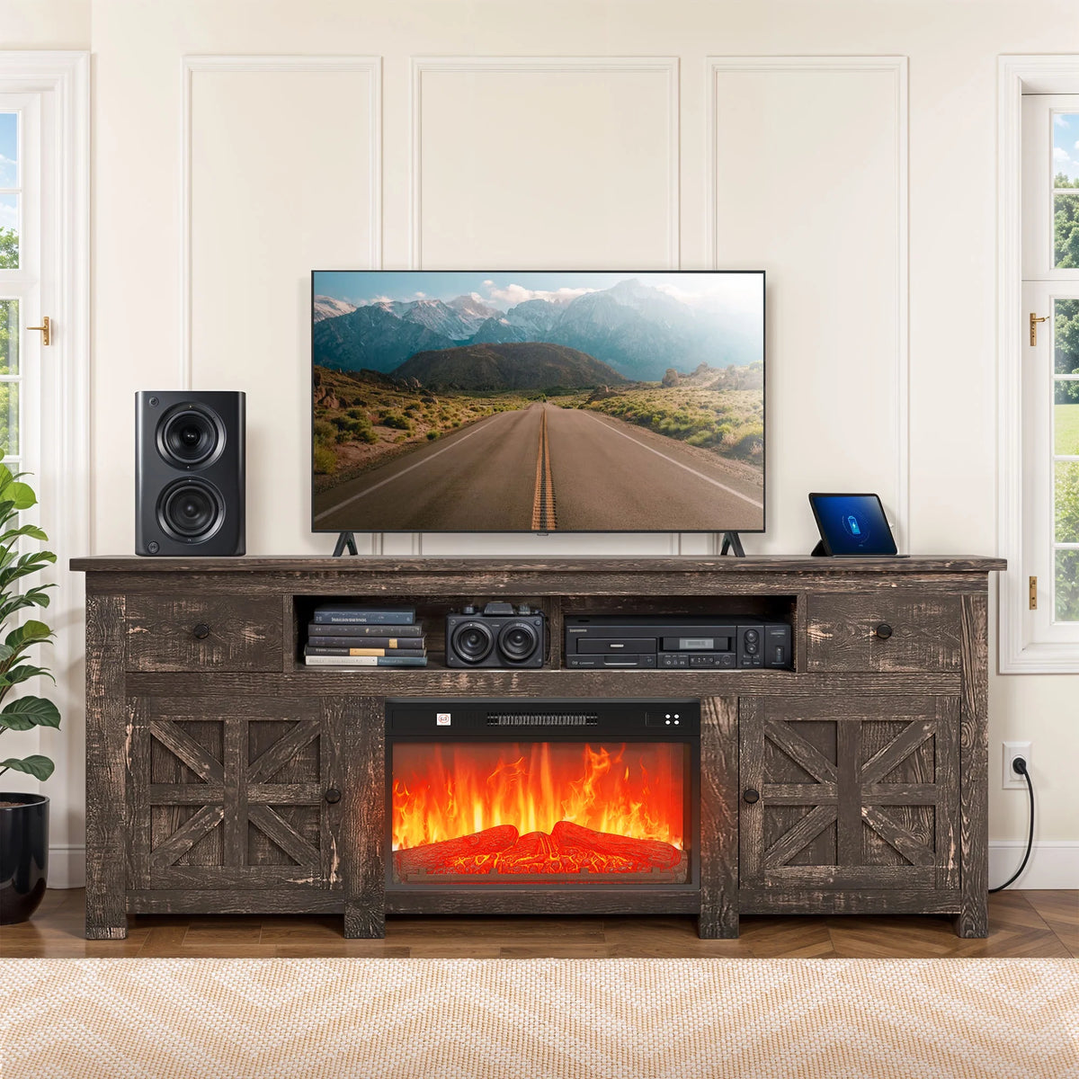 Uforic Farmhouse TV Stand for 75/80 Inch TV, Rustic Entertainment Center with Power Outlet, Storage Drawers, TV Console for Living Room, Oak