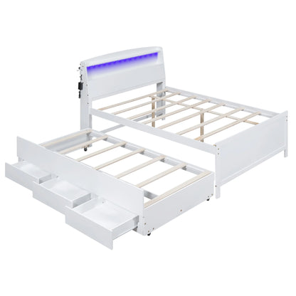 Euroco Wood Twin Size Platform Bed with Storage Headboard, Drawers Trundle and LED Light, White