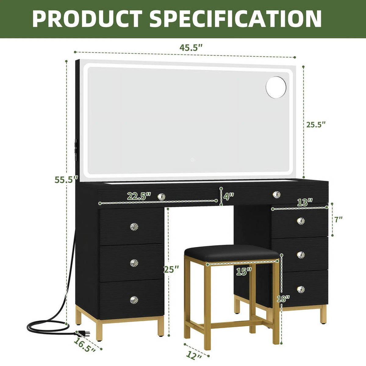 Uforic 55" Vanity Desk with Lighted Mirror & Power Outlet & 8 Drawers, Modern Makeup Vanity Table Set with Storage Stool, White