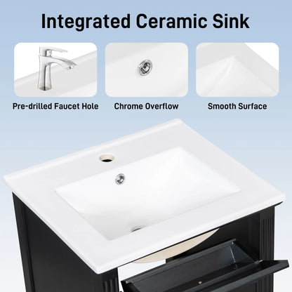 Euroco 20" Bathroom Vanity with Integrated Ceramic Sink, Soft-Close Hinges and Drawer Storage, Solid Wood Legs