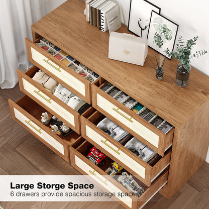 Homhougo White Dresser for Bedroom 6 Drawer, Wood Organizer Storage Cabinet with Gray Strip Drawer Door, Chest of Drawers for Closet, Living Room, Hallway, Nursery, Kids Bedroom