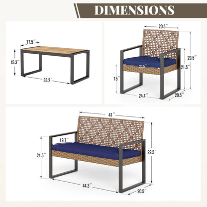 MF Studio 4-Piece All-Weather Rattan Patio Furniture Set, Outdoor Conversation Set with Wood Table, Brown and Beige