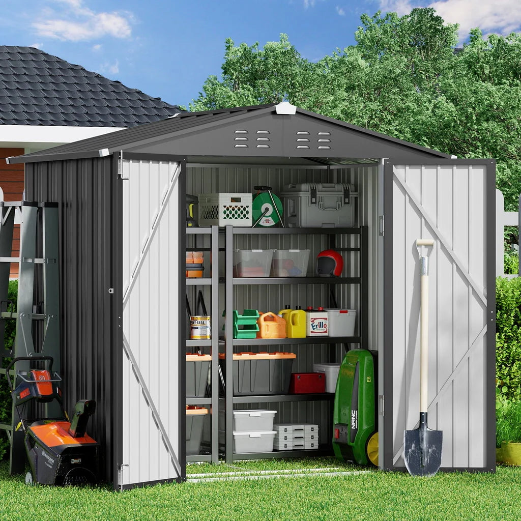 Aiho 6 x 4 FT Outdoor Storage Shed on Clearance with Metal Base  Frame and Double Lockable Doors for Garden, Patio- Grey