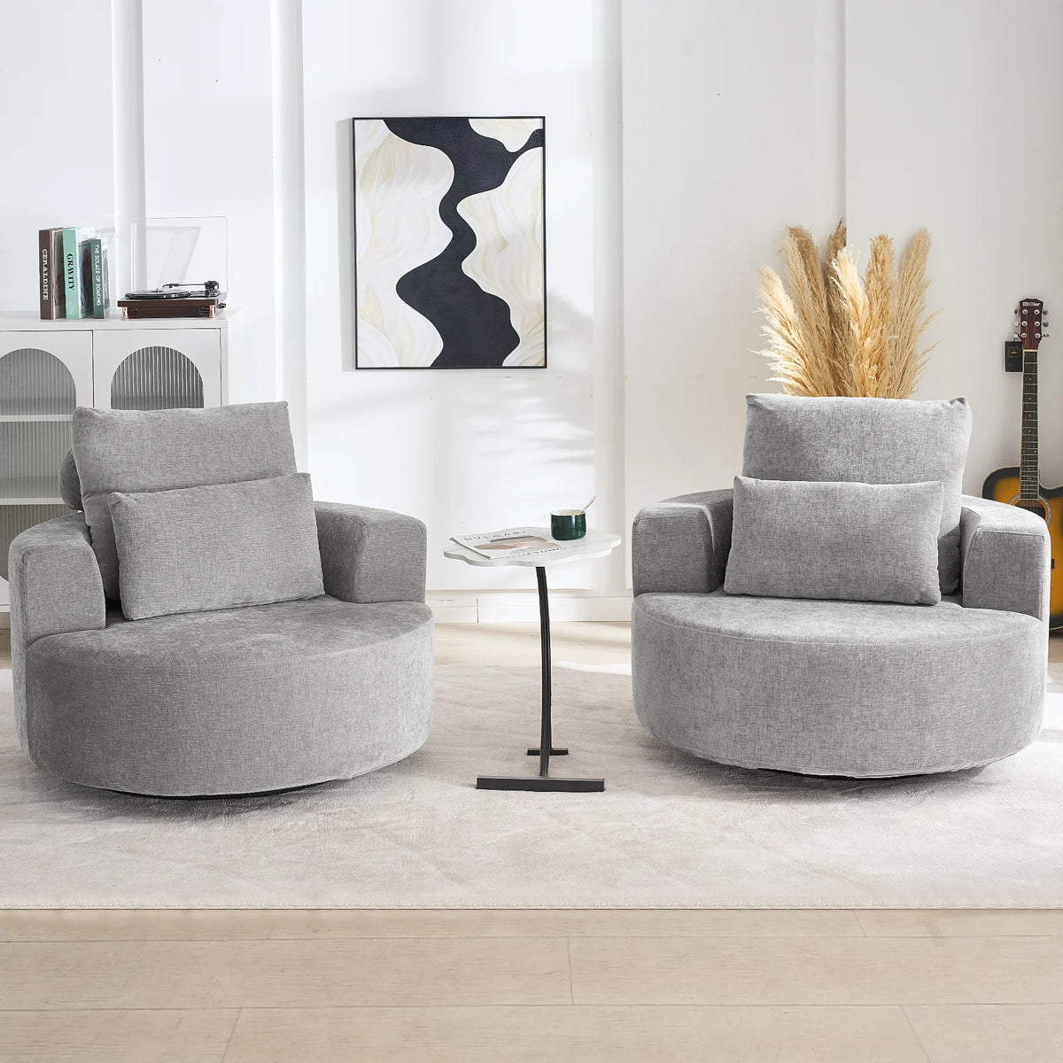 Fumahaus Upholstered Swivel Accent Chair, Oversized Comfy Round Sofa Chair with Two Pillows, Leisure Sofa Chair for Living Room Bedroom, Beige
