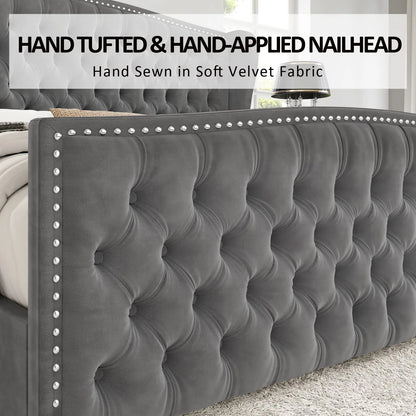 VANACC Queen Size Bed Frame, Velvet Upholstered Bed with Deep Button Tufted Wingback Headboard��Grey