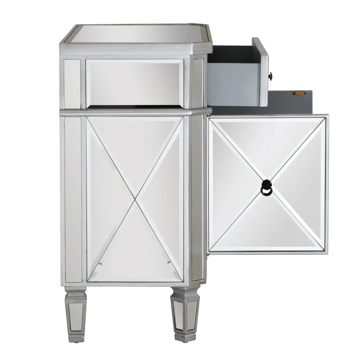 Powell Deville 2-Door Single Drawer Indoor Console Table with Shelves, Mirrored Surfaces and Luxe Silver Wood