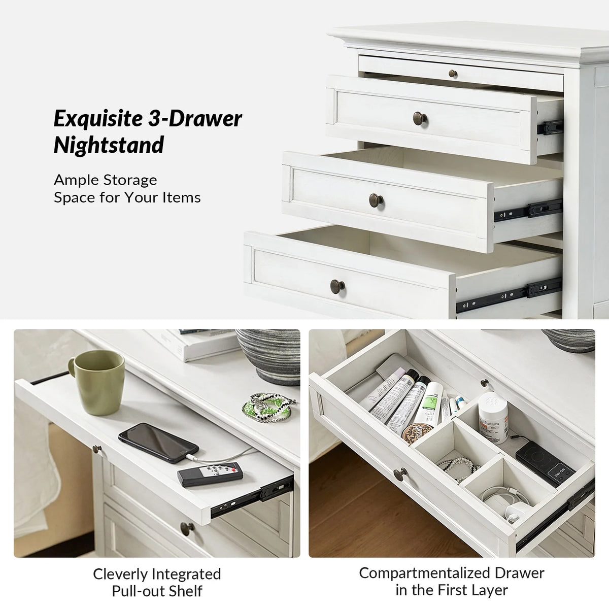 Farmhouse 3 Drawers Nightstand with Tray Bedside Table with Charging Station Acorn
