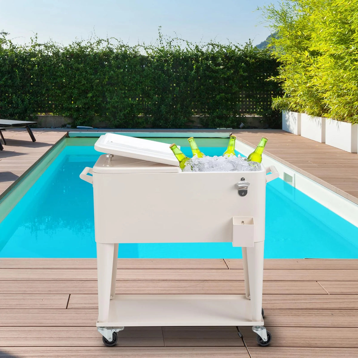 BNSPLY 80 Quart Outdoor Cooler Cart Rolling Ice Chest Cooler Cart, Portable Patio Cooler with Bottle Opener, Handles and Drainage, Standing Cooler for Patio Party, Camping and BBQ, Mint Green