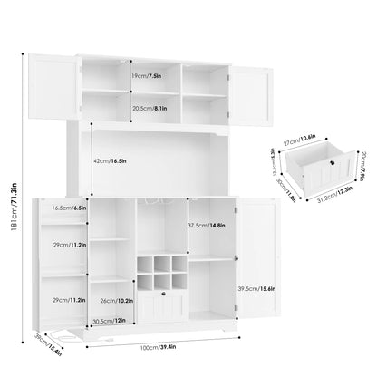 Homfa 71.3'' Kitchen Pantry Storage Cabinet with Charging Station, LED Light Kitchen Hutch Cabinet with Doors and Shelves and Wine Holder, White