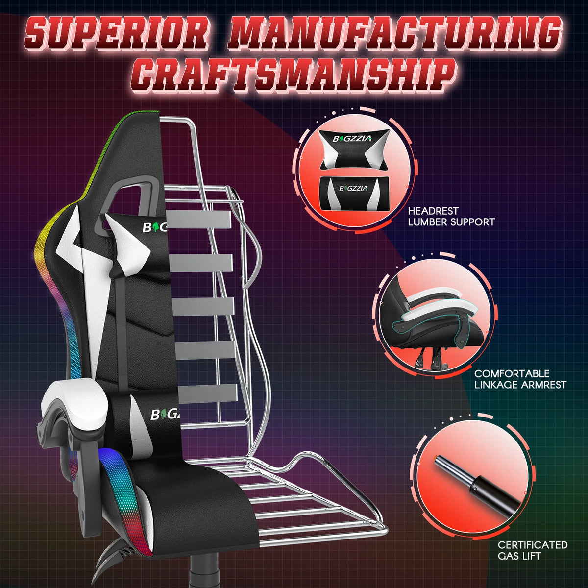 Bigzzia Gaming Chair with LED Lights Ergonomic Office Chair for Adults and Kids - Adjustable Height, 360�� Swivel, Headrest Support, Mesh PU Leather, Black & Green