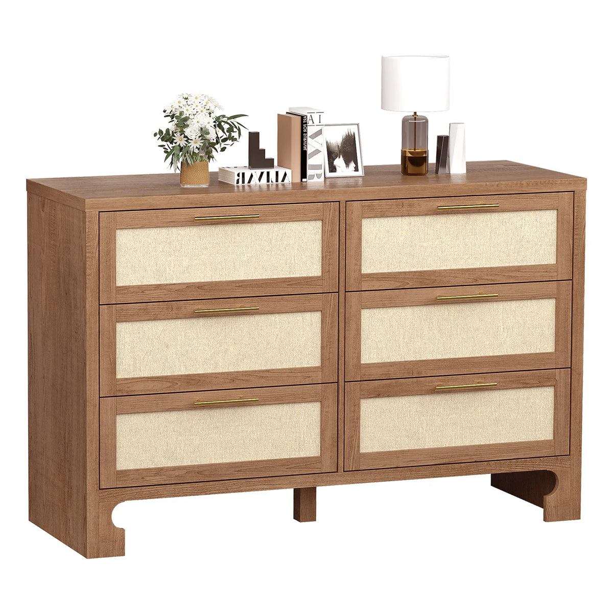 Homhougo White Dresser for Bedroom 6 Drawer, Wood Organizer Storage Cabinet with Gray Strip Drawer Door, Chest of Drawers for Closet, Living Room, Hallway, Nursery, Kids Bedroom