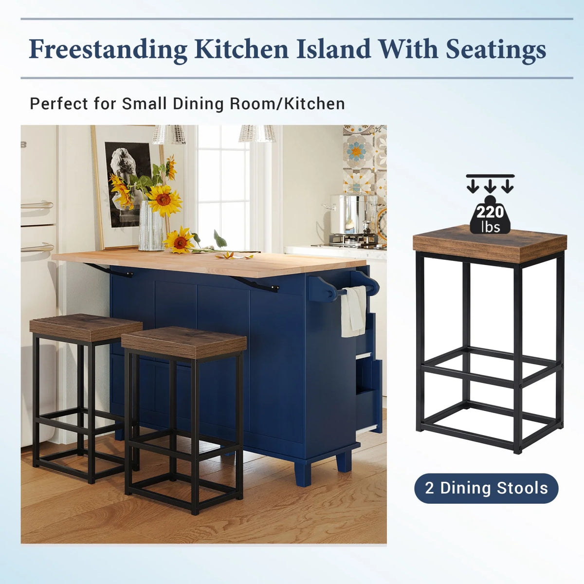 Kitchen Island with Storage, Portable Kitchen Island on Wheels with Drop-Leaf and 2 Stools, Built-in 4 Drawers and Towel Rack, Rolling Kitchen Island Cart for Home, Kitchen and Dining Room, White