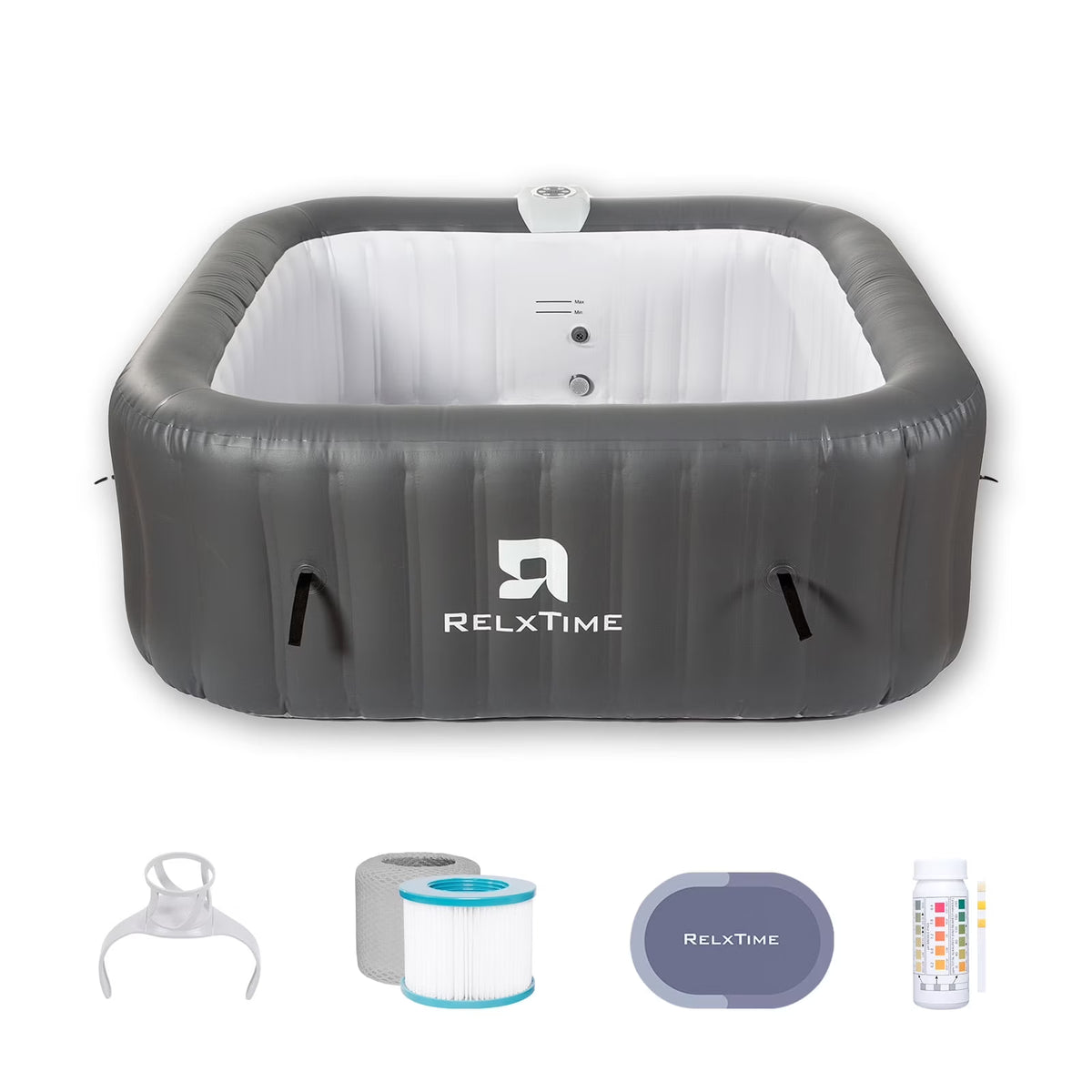 RELXTIME 73*73 inch Portable Square Inflatable Massage Pool for 4-6 People Outdoor Spa with 130 Bubbling Massage Jets, Built-in Heating Pump with Two Cartridges, Gray