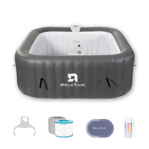 RELXTIME 73*73 inch Portable Square Inflatable Massage Pool for 4-6 People Outdoor Spa with 130 Bubbling Massage Jets, Built-in Heating Pump with Two Cartridges, Gray