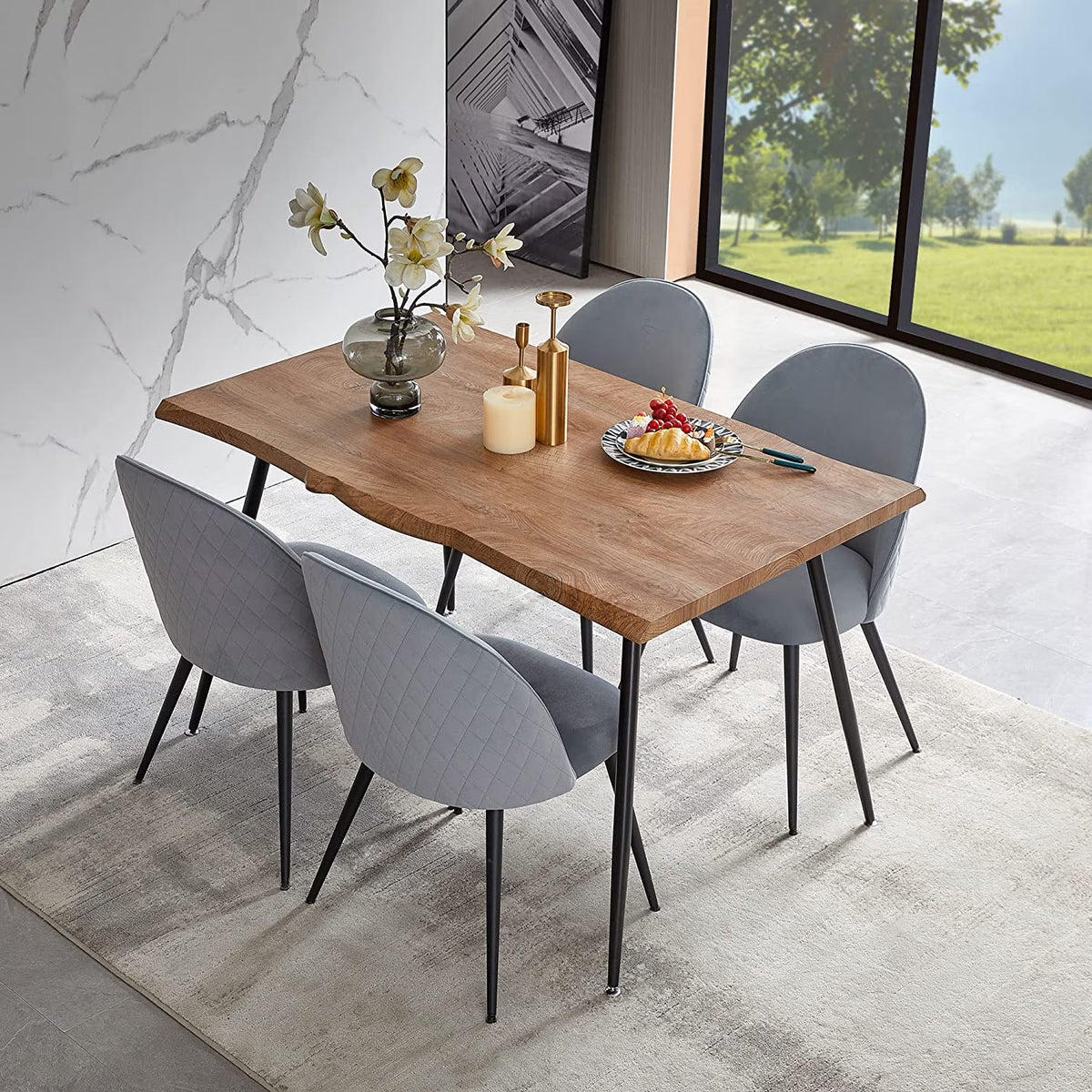 NORDICANA Dining Table Set for 4,Stylish Table with Strong Metal Legs & Modern Dining Chair Armlss Beautiful Home Chair Indoor Velvet Accent Chair with High Back Design,Perfect for Dining Room