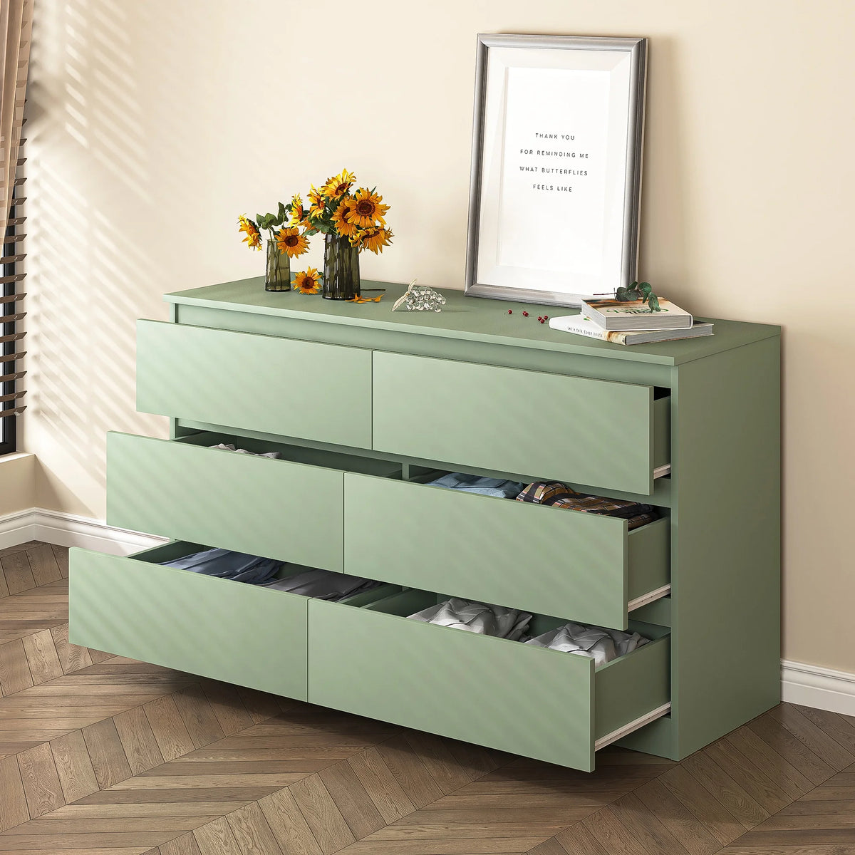 Kadyn White Chest of Drawer, 6 Double Drawer Dresser for Bedroom, Modern Storage Cabinet for Living Room, Dresser