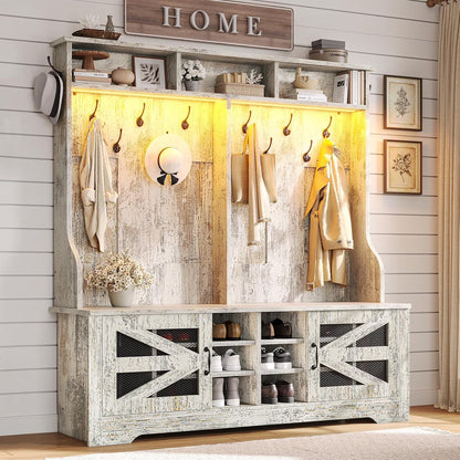 Hall Tree with Coat Rack and 16 Shoe Cubbies, 5-in-1 Entryway Bench with Bench and Shoe Storage, Barn Door & Adjustable Shelf, Embossed White
