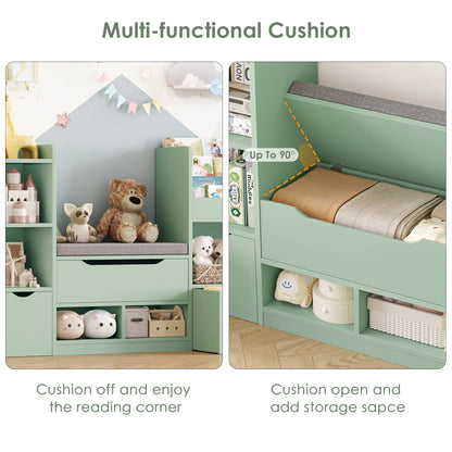 Hiphuta 72"Wide Kids Bookcase with Reading Nook and Under Bench Storage, Wooden Toy Storage Organizer & Book Rack for Kids Room, White