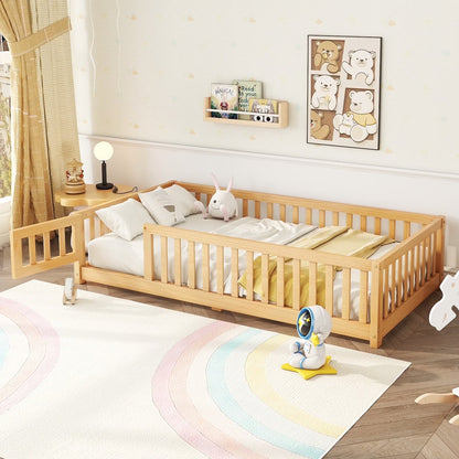 Bellemave Full Size Floor Bed with Door and Fence Floor Bed with Bed Slats Sturdy Wood Floor Bed Montessori Bed Frame (Full, Pink)