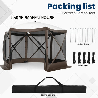 COBIZI 12'x12' Pop-up Gazebo Outdoor Camping Tent with 6 Sides Mosquito Netting, Waterproof, UV Resistant, Portable Screen House Room, Easy Set-up Party Tent with Carry bag, Ground Spike, Brown
