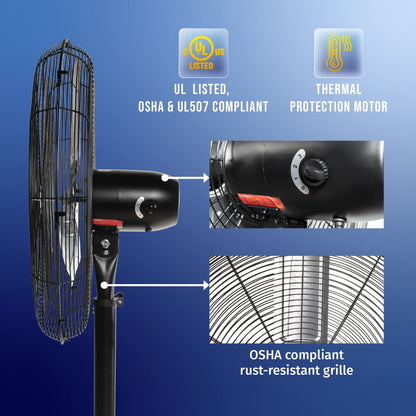 Tornado - 20 Inch High Velocity Metal Oscillating Pedestal Fan - Commercial, Industrial Use Water-Resistant