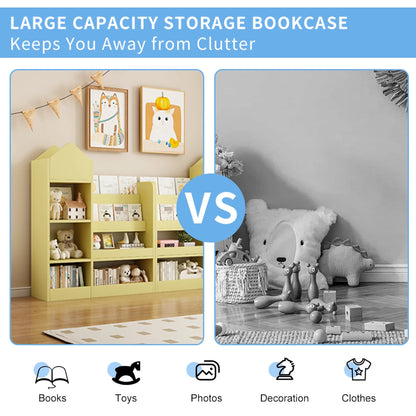 PORKISS Bookshelf for Kids, Wood Kids Bookcase with Toy Storage Organizer, Freestanding Book Shelf with 6 Compartments and 2 Baskets Bins for Kids Bedroom, Nursery, Playroom, Natural