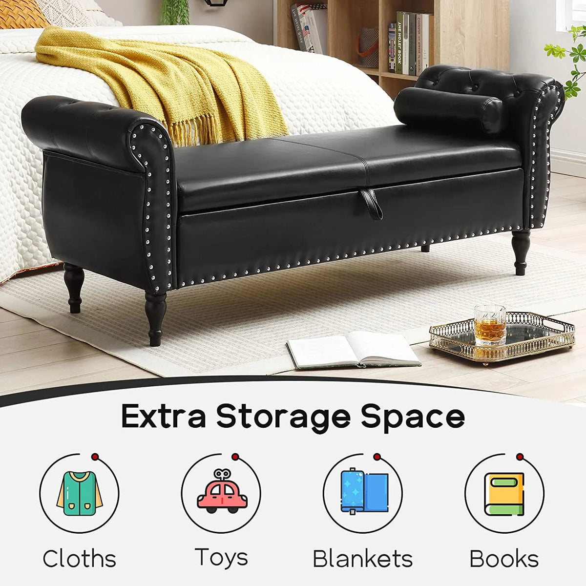 Sumdeal 43.5" Storage Ottoman Bench with 250lb Seating, Linen Upholstered Wood Legs Safety Hinge Flip Top Oval Foot Rest Long Stool for Sofa Couch Bedroom End of Bed Living Room Entryway, White