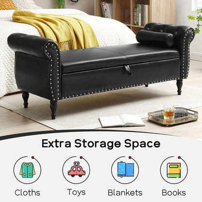 Sumdeal 43.5" Storage Ottoman Bench with 250lb Seating, Linen Upholstered Wood Legs Safety Hinge Flip Top Oval Foot Rest Long Stool for Sofa Couch Bedroom End of Bed Living Room Entryway, White